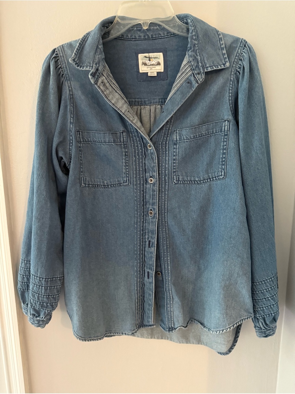American Eagle Women's 100% Cotton Denim Pintuck Puff Sleeve Western Boho Shirt